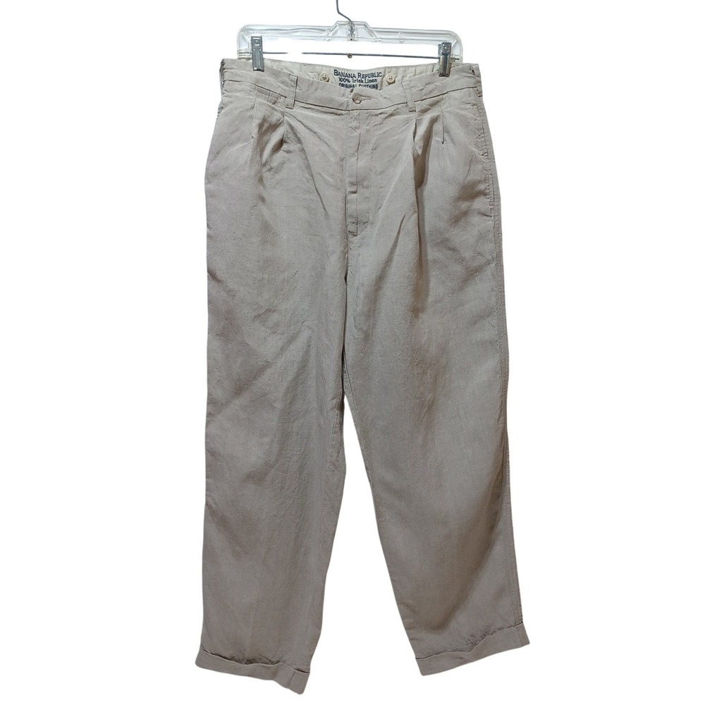 Banana Republic Men Linen Pants 34x28 Tan Pleated Cuffed Resort Old Money Preppy